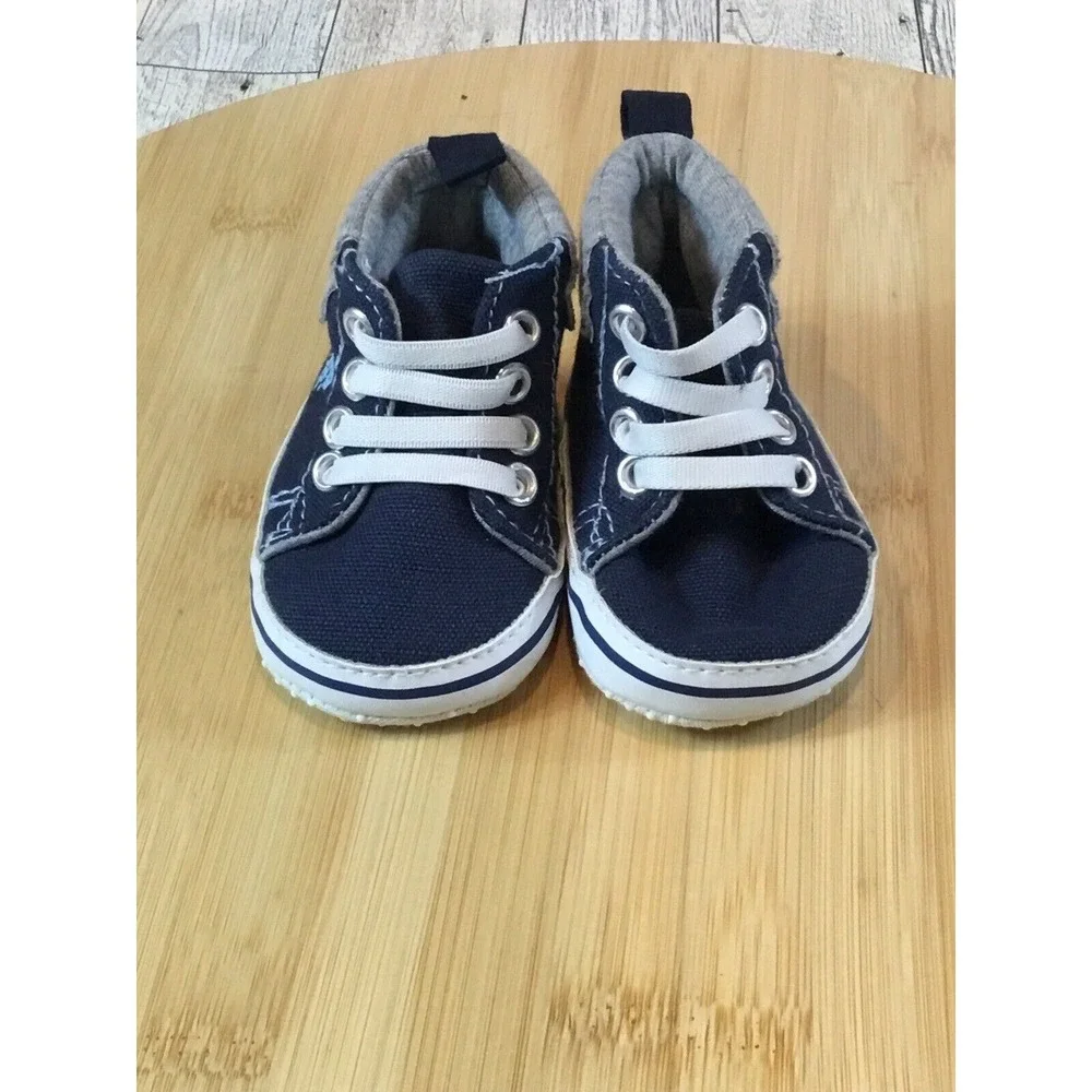 US Polo Assn Baby Sneakers High Top‎ Crib Shoes Navy Blue White Laces